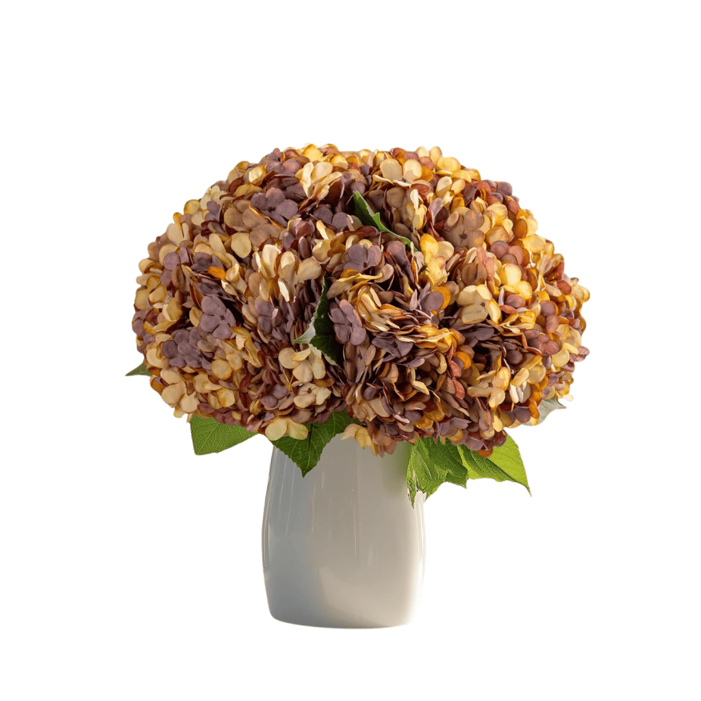 A bouquet of hydrangeas in shades of purple and yellow arranged in a white vase.
