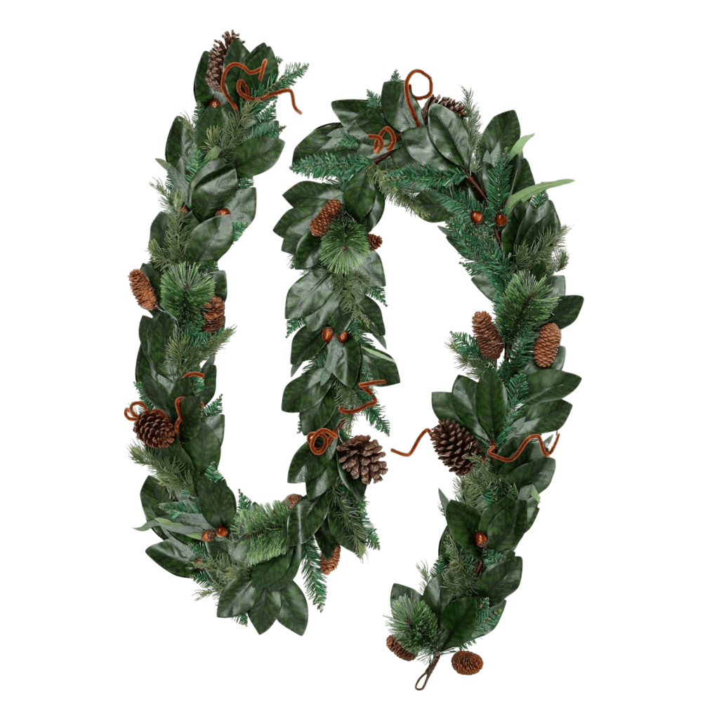 Decorative green garland featuring pine cones and foliage, shaped in a stylized manner.