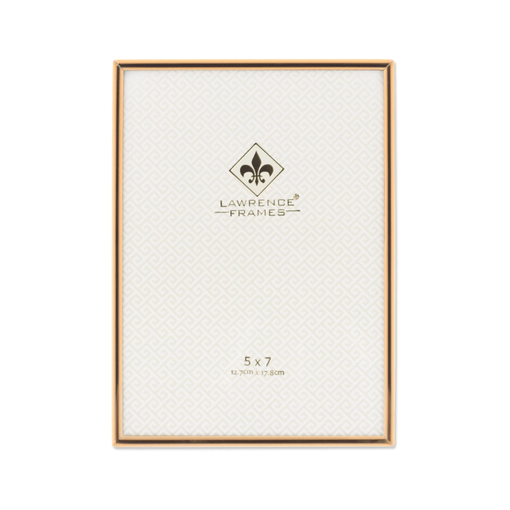 A decorative photo frame in a gold finish, featuring a white patterned background, with the text 'Lawrence Frames' and dimensions '5 x 7' prominently displayed.