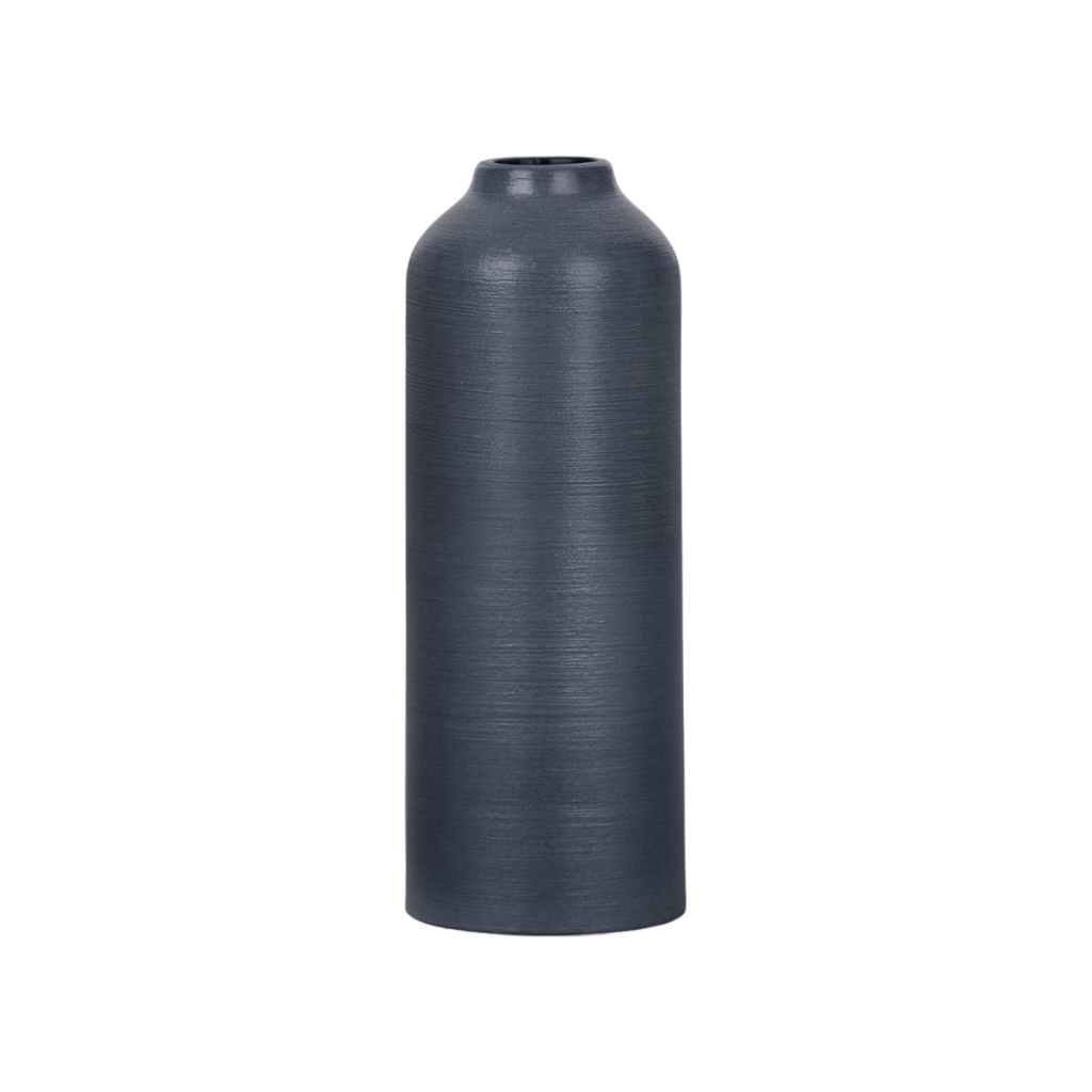 A tall, dark ceramic vase with a smooth, matte finish and a narrow opening at the top.